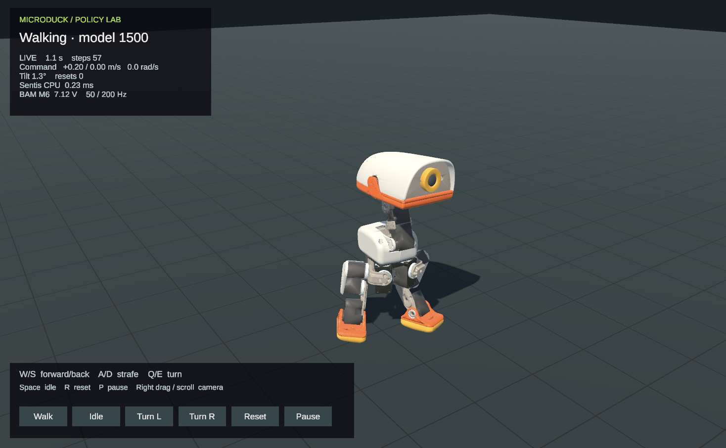 Microduck locomotion demo — exported model 1500 walking policy and movement controls